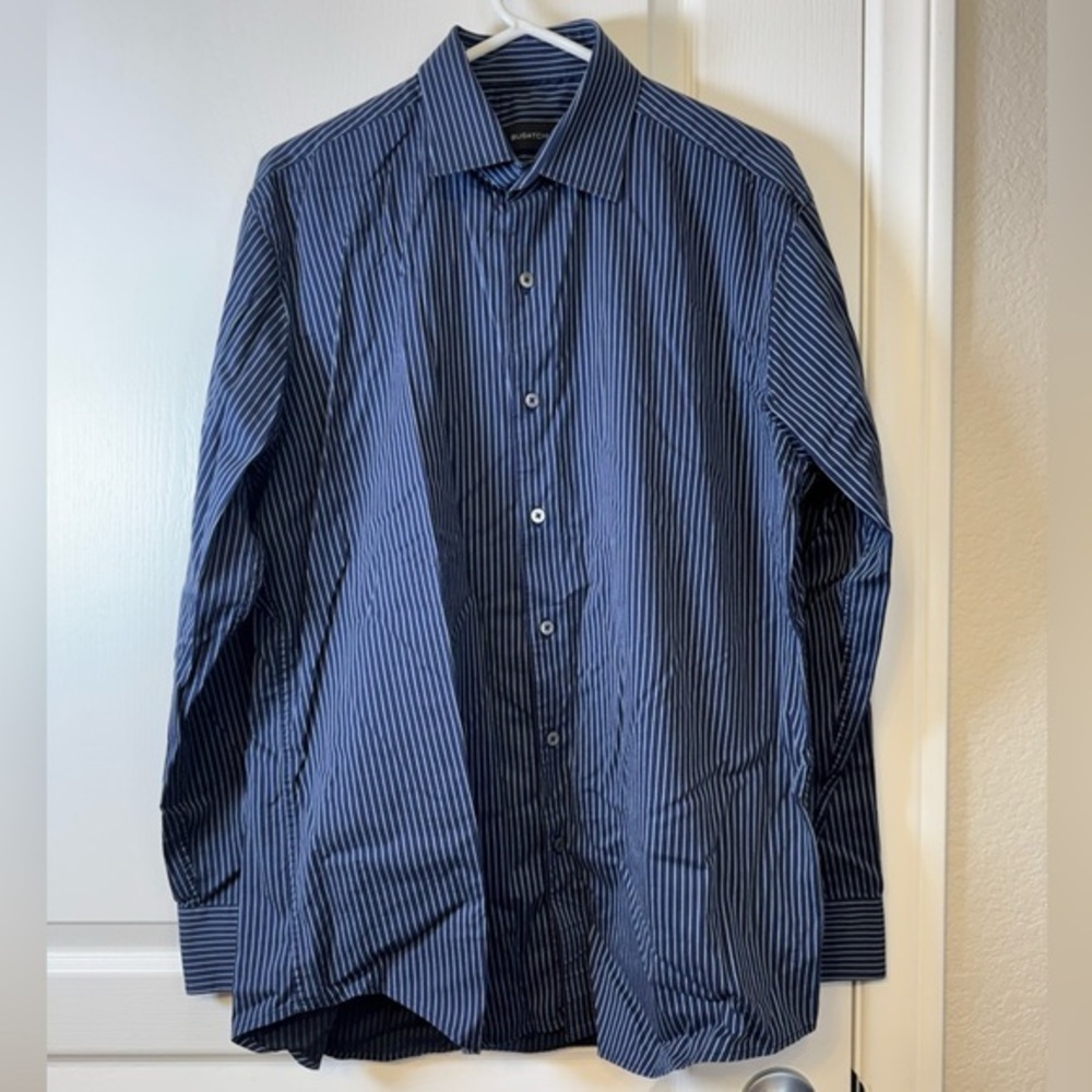 Bugatchi Navy Blue Gray Stripe Button Down Comfort Shirt Size 16.5 EUC #5051